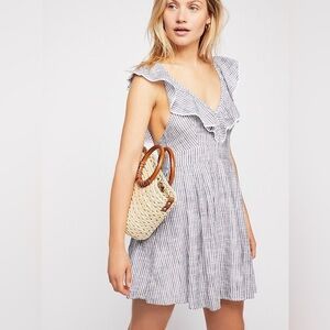 FREE PEOPLE BLUE AND WHITE STRIPE V NECK RUFFLE HEARTLINES MINI DRESS COTTON NWT